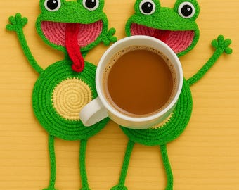 Frog Crochet Coasters Set – Funny Amigurumi Frog Drink Mat – Handmade Cute Green Frog Cup Coaster – Gift for Frog Lovers – Animal Decor