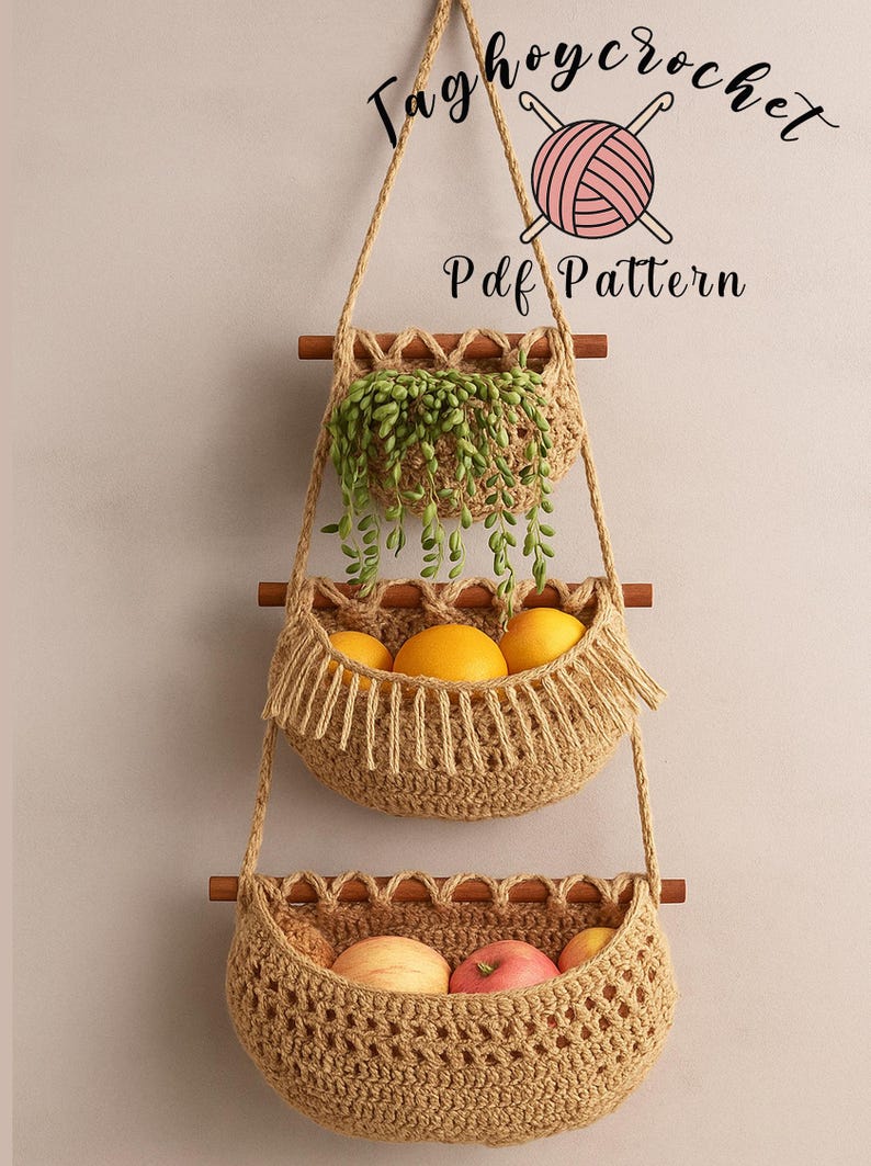 Crochet Pattern PDF – 3 Tier Hanging Fruit Basket, Boho Wall Storage ...