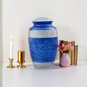 Blue Urn for Human Ashes, Urn for Mom Dad , Cremation Urn for Funeral , Memorial Urn , Keepsake Urn , Metal Urn for Home Decor