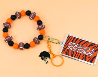 Llavero de pulsera del equipo de fútbol americano Cincinnati Bengals con dijes y foto – Cuentas de silicona