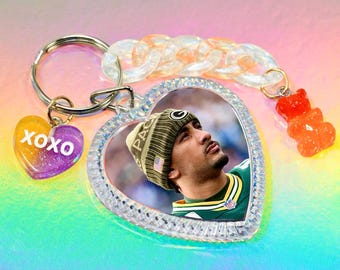 Llavero de jugador de fútbol americano C. J. Stroud de los Houston Texans con dijes y foto de corazón de doble cara