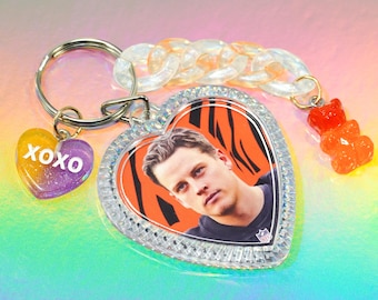 Bengals Joe Burrow Football Player Keychain with Charms & Heart Photo