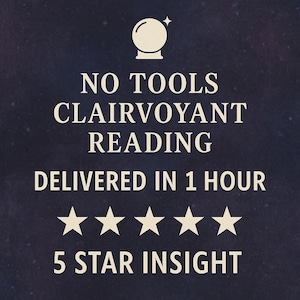 Może przedstawiać: Ciemnoniebieskie tło z białym tekstem i ikoną kryształowej kuli. Tekst brzmi "NO TOOLS CLAIRVOYANT READING DELIVERED IN 1 HOUR" z pięcioma gwiazdkami i "5 STAR INSIGHT".