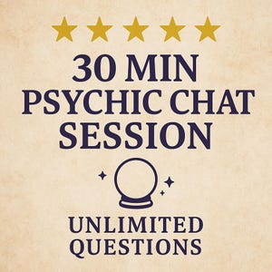 Puede incluir: Imagen con fondo beige y texto azul oscuro: "30 MIN PSYCHIC CHAT SESSION" y cinco estrellas doradas. Un dibujo de bola de cristal centrado, con "UNLIMITED QUESTIONS" debajo, sugiriendo una consulta de psíquico.