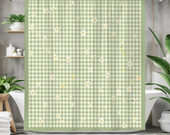Green Gingham Shower Curtain: Cottagecore Daisy Floral Bathroom Decor