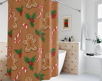 Gingerbread Cookies Shower Curtain | Candy Cane Holly Christmas Bathroom