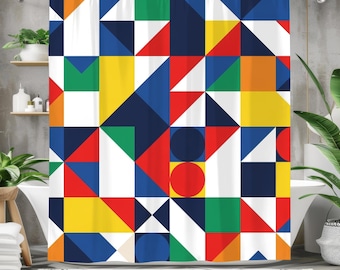 Cortina de ducha geométrica colorida: decoración de baño abstracta moderna