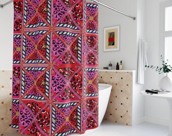 Pink Leopard Geometric Pattern Shower Curtain | Bold Animal Print, Striped Mosaic