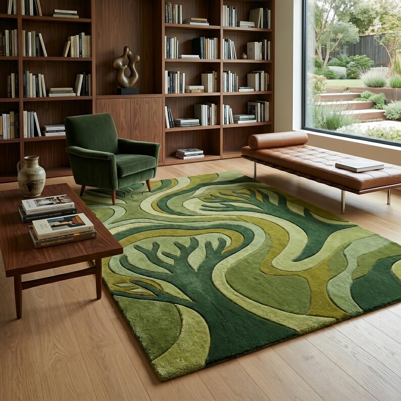 May include: A green area rug with a tree design in varying shades of green. The rug is placed in a living room with a green armchair, a wooden coffee table, and a brown leather chaise lounge. Bookshelves are in the background.