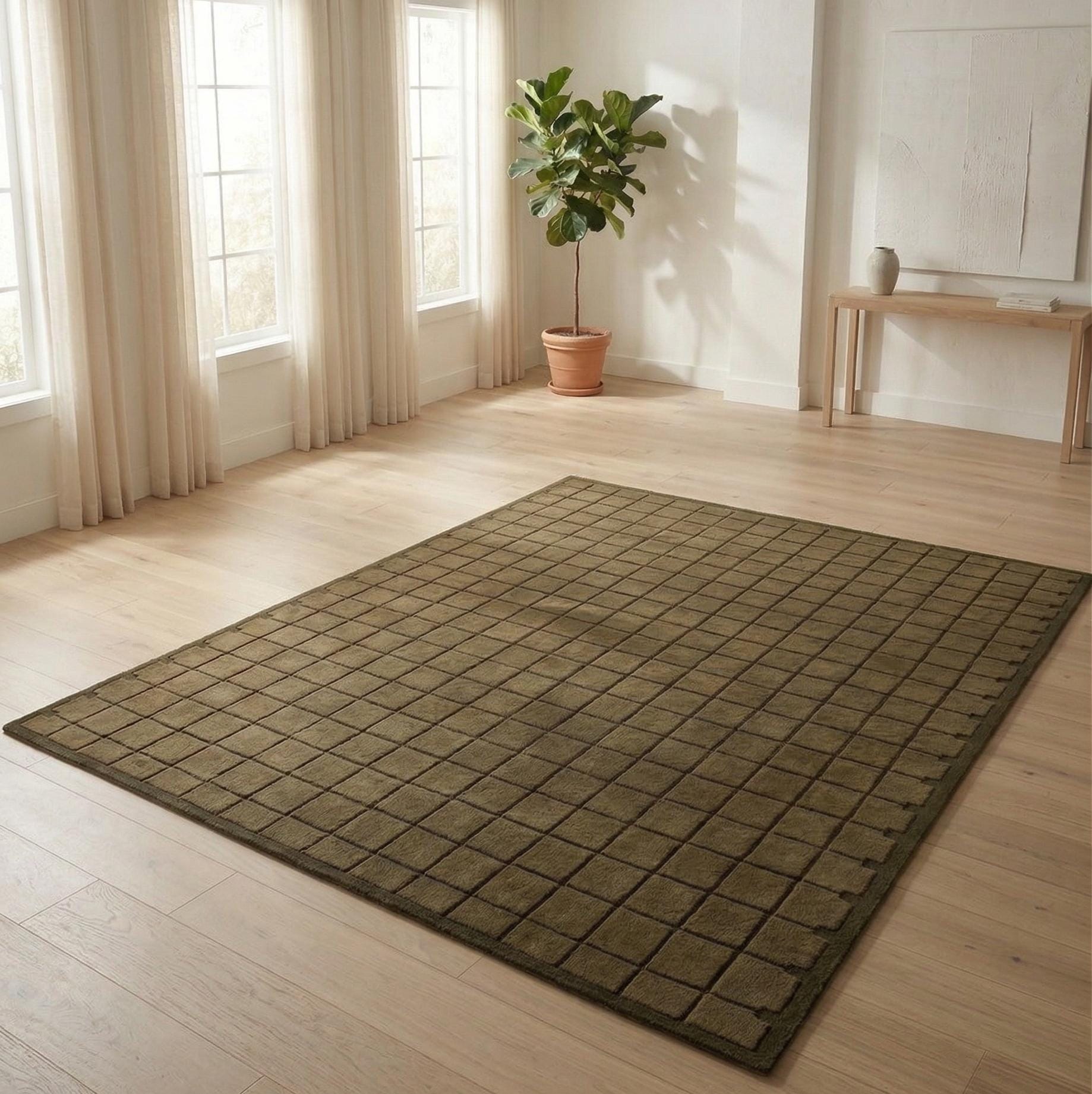 Olive Green Rugs Pattern Hand Tufted Wool Rug | Olive Green Grid Texture Carpet | Modern ...