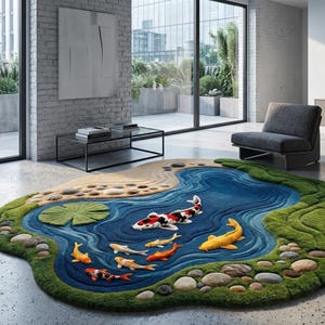May include: A unique, custom-shaped area rug depicting a koi pond. The rug features a blue pond with colorful koi fish, a green grassy border, and a lily pad. Decorative stones are placed around the edge of the pond.