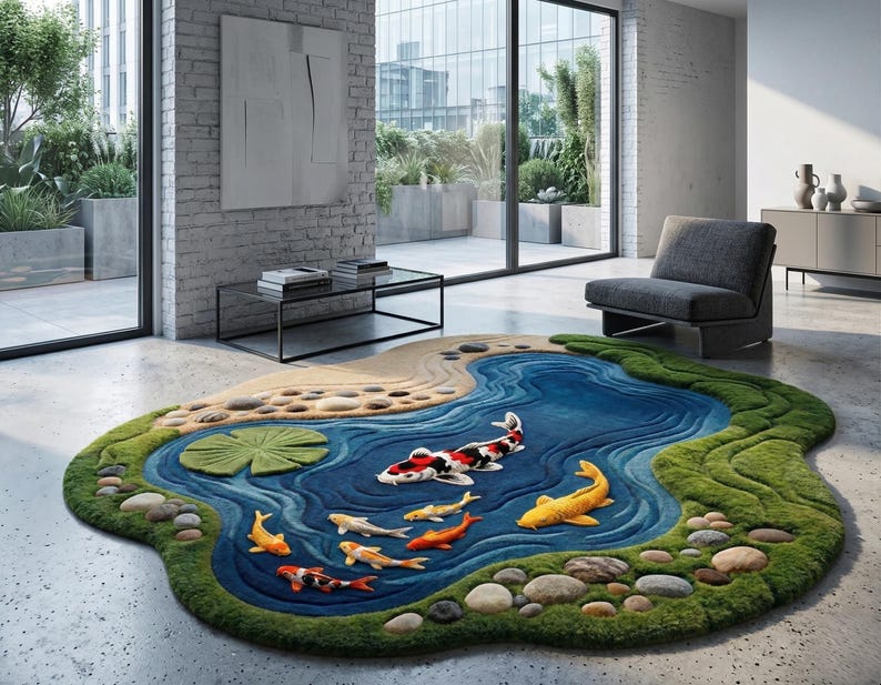 May include: A unique, custom-shaped area rug depicting a koi pond. The rug features a blue pond with colorful koi fish, a green grassy border, and a lily pad. Decorative stones are placed around the edge of the pond.