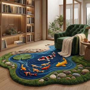 Handmade 3D Koi Fish Rug - Biophilic Design Statement Piece - Mossy Pond Tufted Carpet image 1