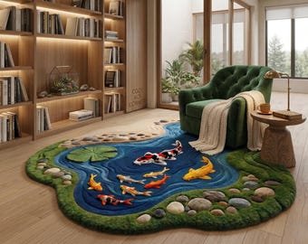 Handmade 3D Koi Fish Rug - Biophilic Design Statement Piece - Mossy Pond Tufted Carpet