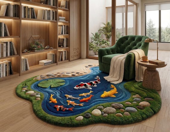 Handmade 3D Koi Fish Rug - Biophilic Design Statement Piece - Mossy Pond Tufted Carpet