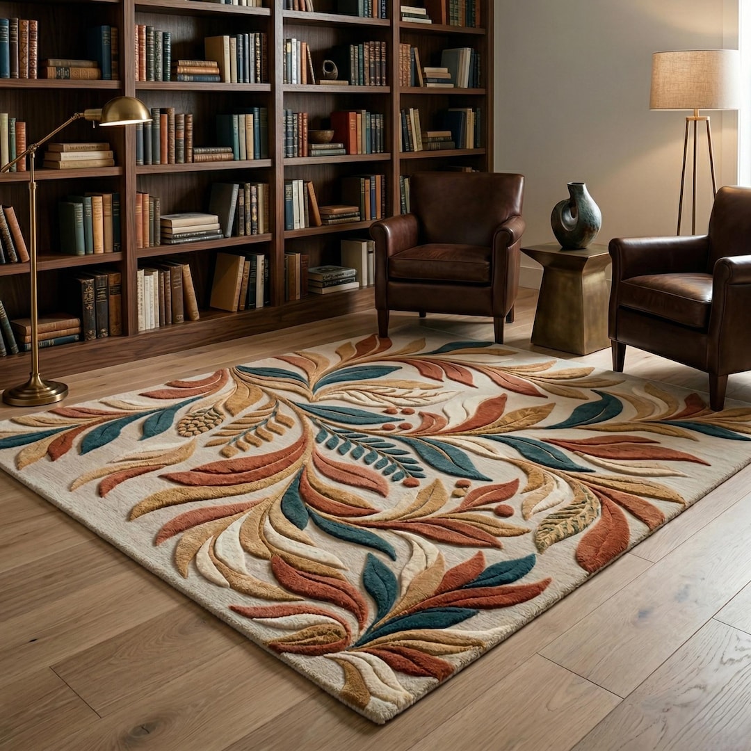 Handmade 3D Sculpted Tufted Rug - Botanical Autumn Leaf Area Rug ...