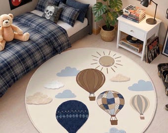 Hot Air Balloon Rug Round, Hand Tufted Wool Nursery Rug, Kids Playroom Carpet