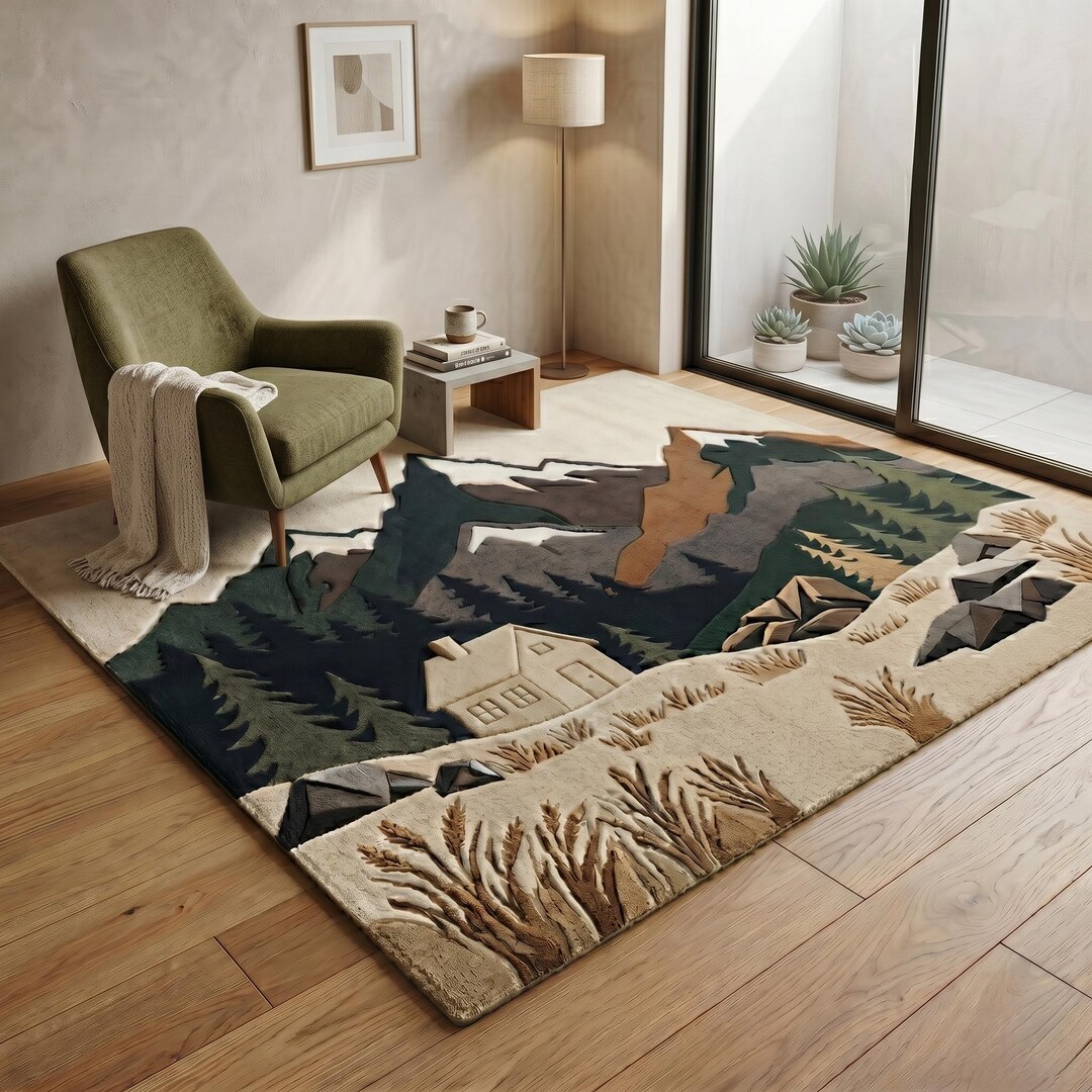 3D Mountain Landscape Hand Tufted Wool Rug, Forest Scenic Area Rug ...
