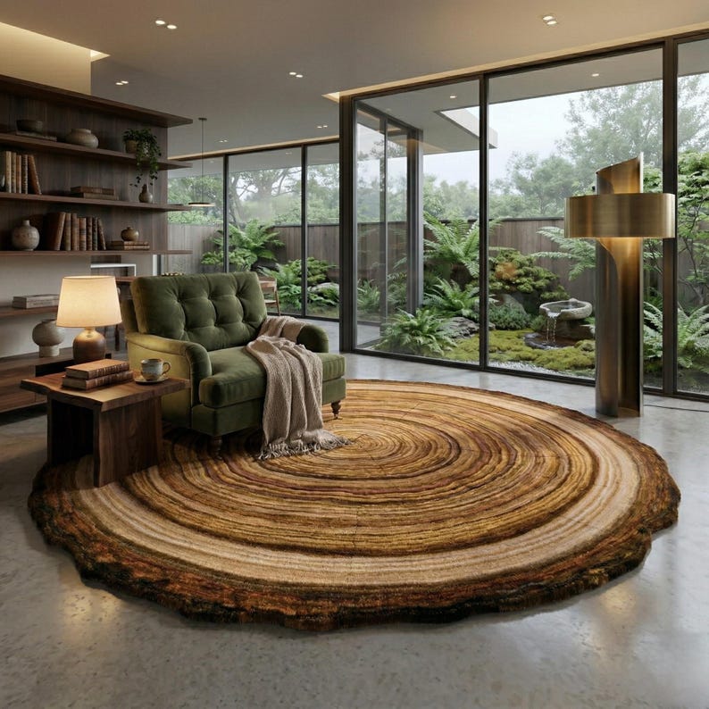Hand Tufted Wool Rug, Round Tree Ring Area Rug, Modern Nature Inspired ...