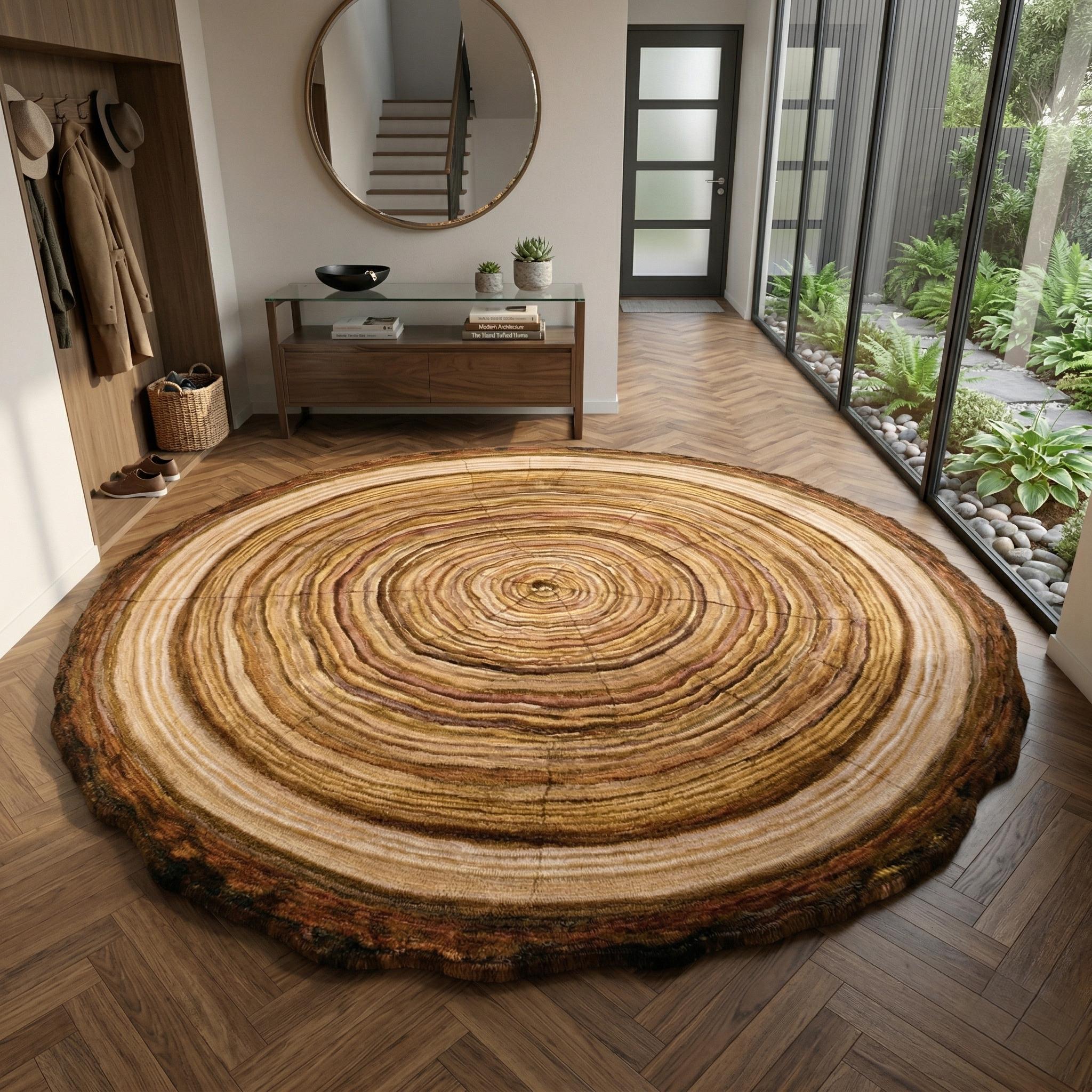 Hand Tufted Wool Rug, Round Tree Ring Area Rug, Modern Nature Inspired ...