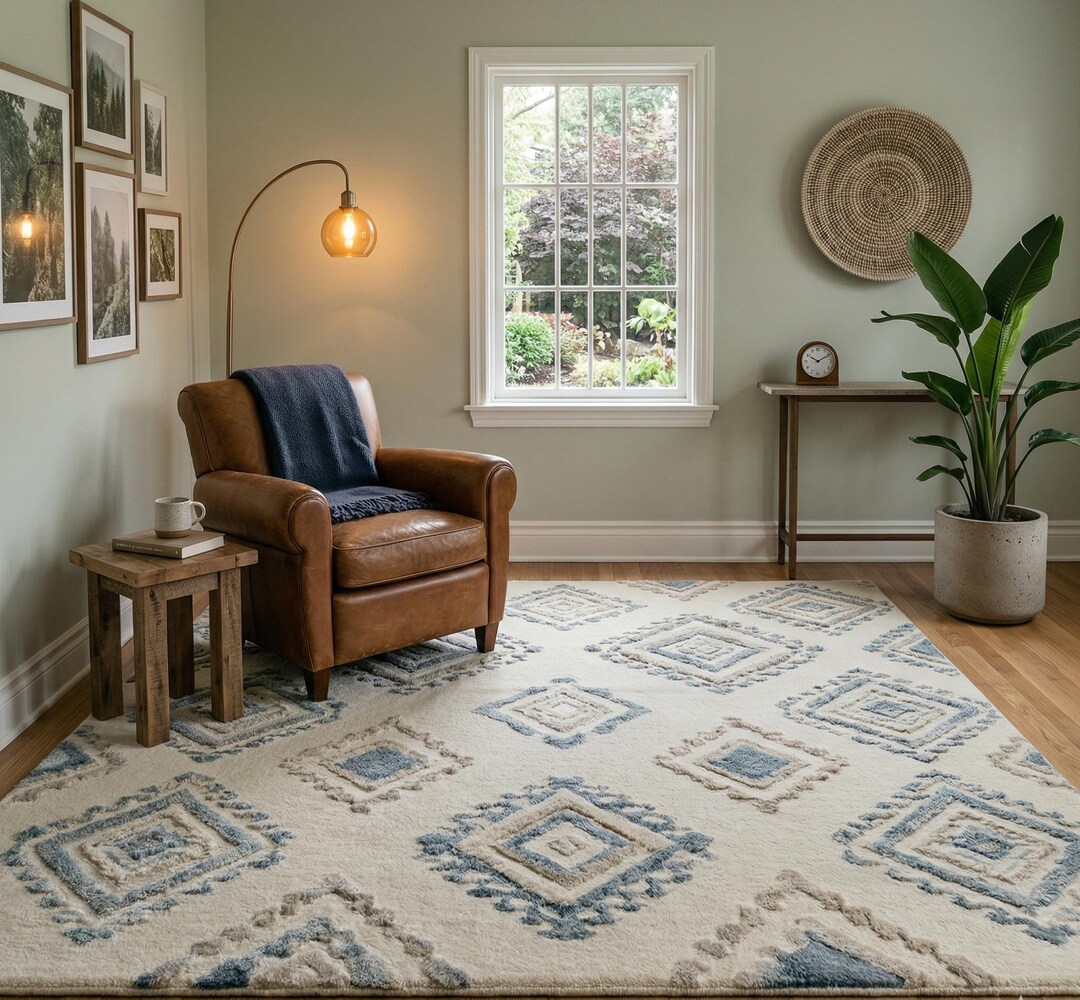 Hand Tufted Wool Rug - Modern Geometric Diamond Area Rug, Blue & Cream ...