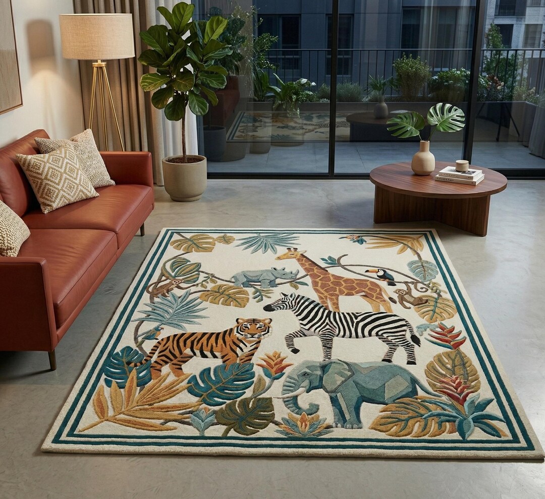 Display Animal Rug Hand Tufted Jungle Safari Rug, Animal Motif & Wildlife Tiger Elephant ...