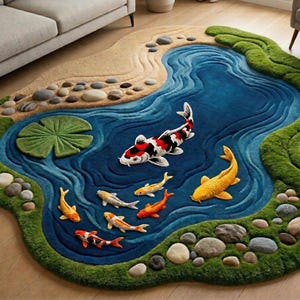 Handmade 3D Koi Fish Rug - Biophilic Design Statement Piece - Mossy Pond Tufted Carpet image 2