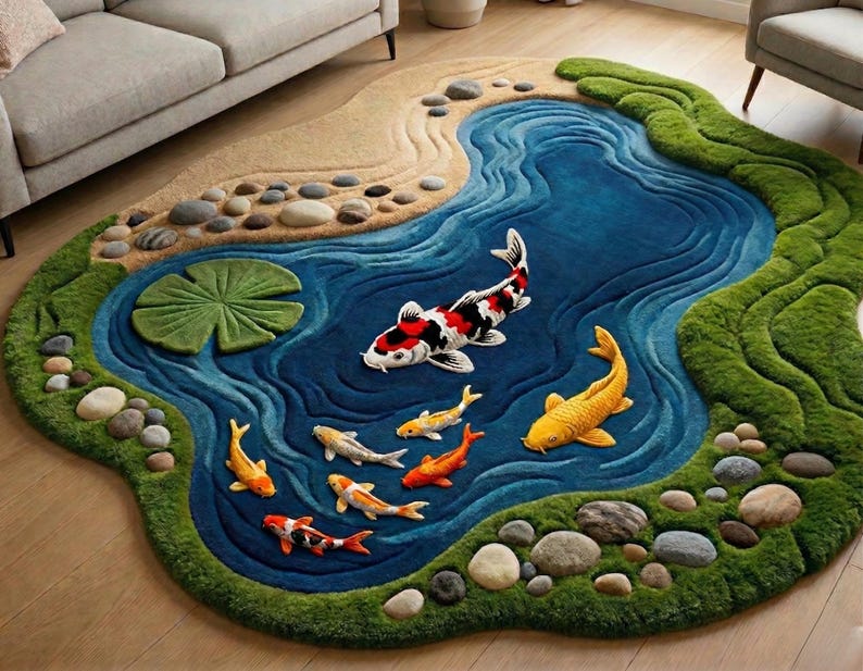 Handmade 3D Koi Fish Rug - Biophilic Design Statement Piece - Mossy Pond Tufted Carpet image 2