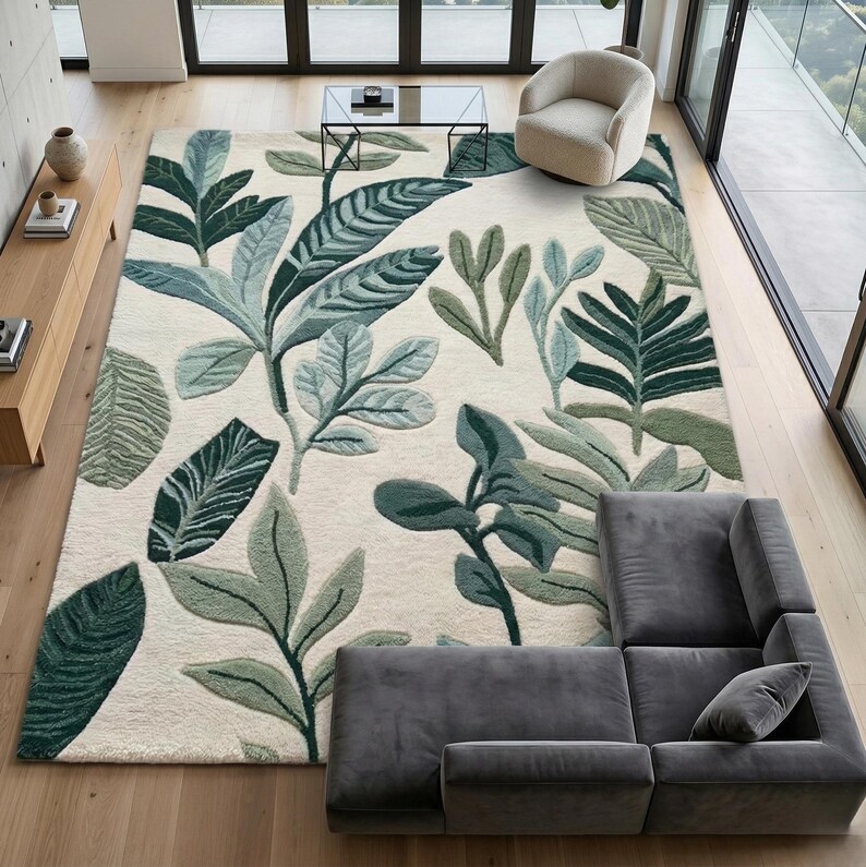 3D Textured Botanical Rug - Modern Organic Leaf Pattern Carpet - Forest ...