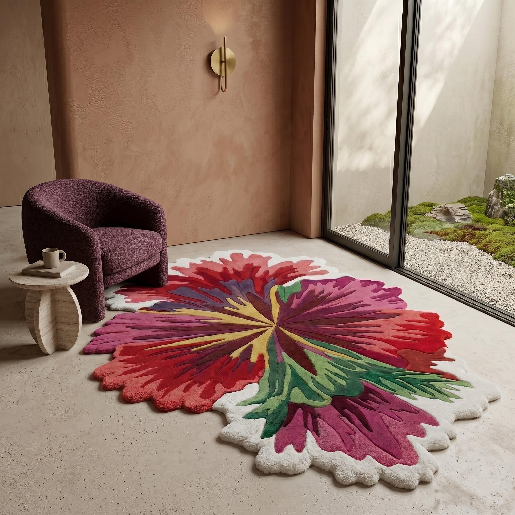 Hand Tufted Flower Shaped Wool Rug, Forest Green & Purple Botanical Rug ...