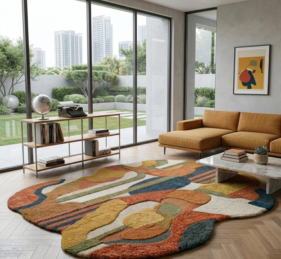 Hand Tufted Wool Rug, Abstract Irregular Shape Area Rug, Modern Wavy ...