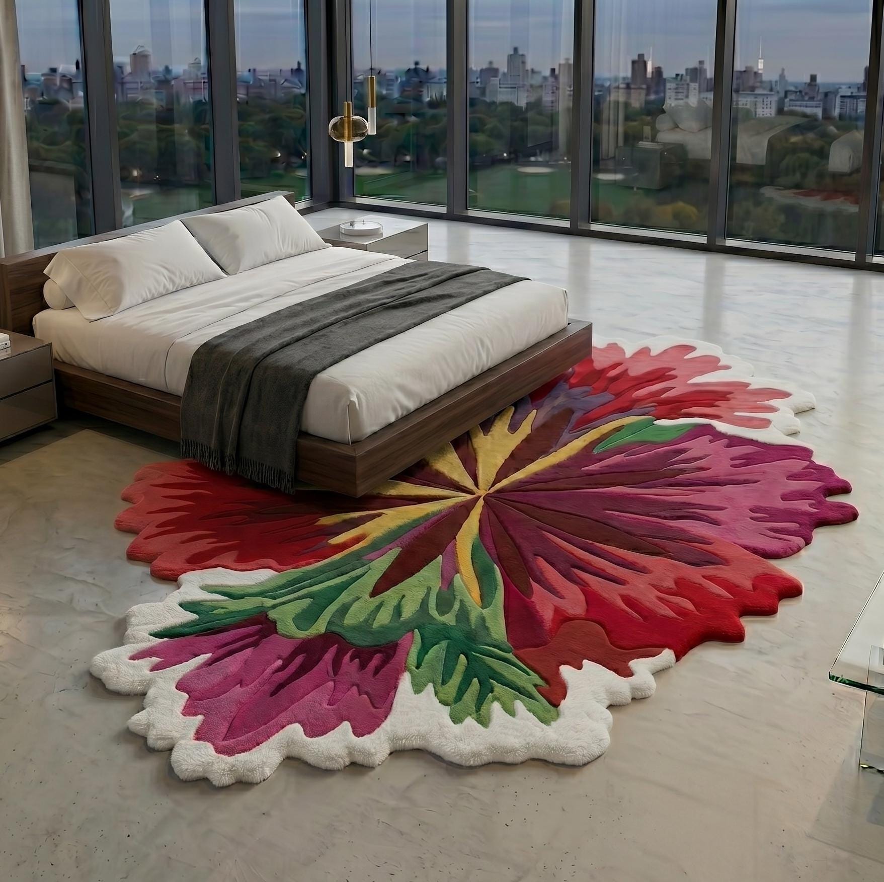 Hand Tufted Flower Shaped Wool Rug, Forest Green & Purple Botanical Rug ...