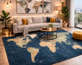 World Map Hand-Tufted Wool Rug, Navy Blue & Beige Carpet for Living Room, Home Decor