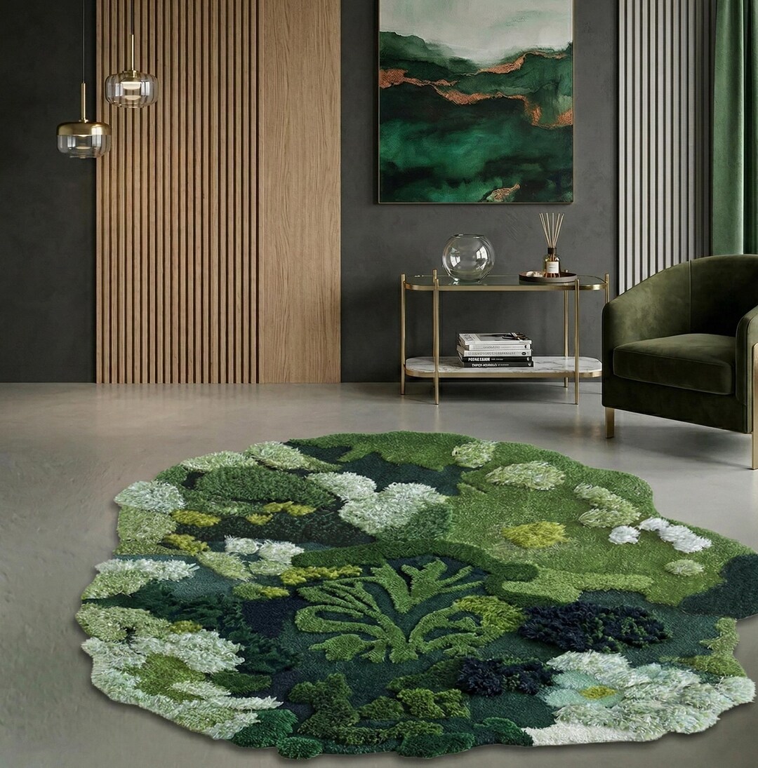 Handmade Moss Wool Rug, Topographic Forest Floor Tufted Carpet, Green ...