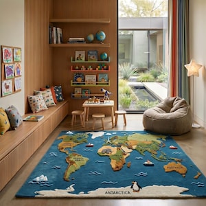 May include: A rectangular area rug featuring a world map design with raised, textured continents in shades of green and brown against a blue ocean background. The rug includes small 3D-style icons of ships, an elephant, and a penguin near Antarctica.