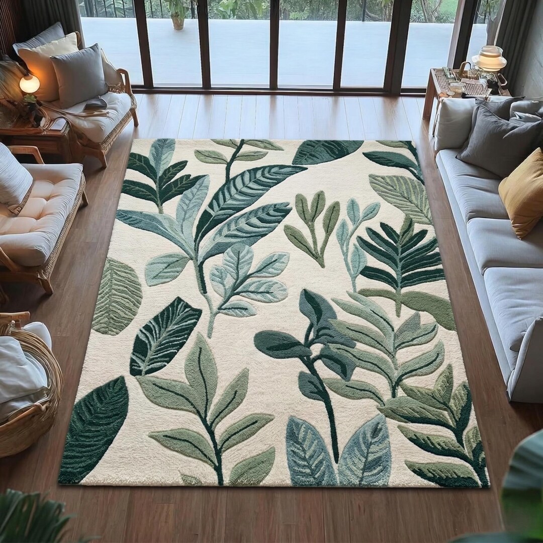 Organic Pattern Rugs 3D Textured Botanical Rug - Modern Organic Leaf Pattern Carpet - Forest ...