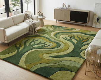 Hand Tufted Wool Rug - Forest Green Biophilic Decor, Japandi Style Textured Mossy Carpet
