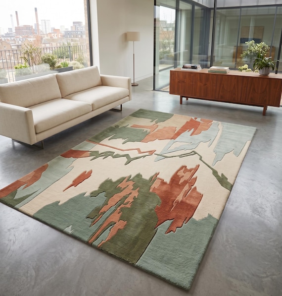 Hand Tufted Abstract Area Rug, Modern Wool Rug, Sage Green & Terracotta Carpet