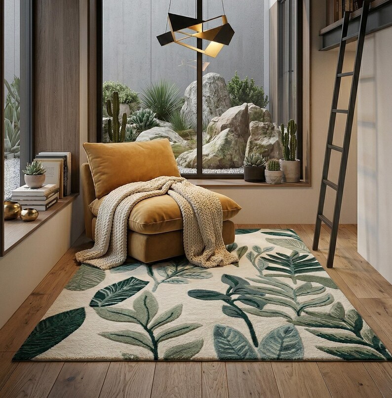 3D Textured Botanical Rug - Modern Organic Leaf Pattern Carpet - Forest ...