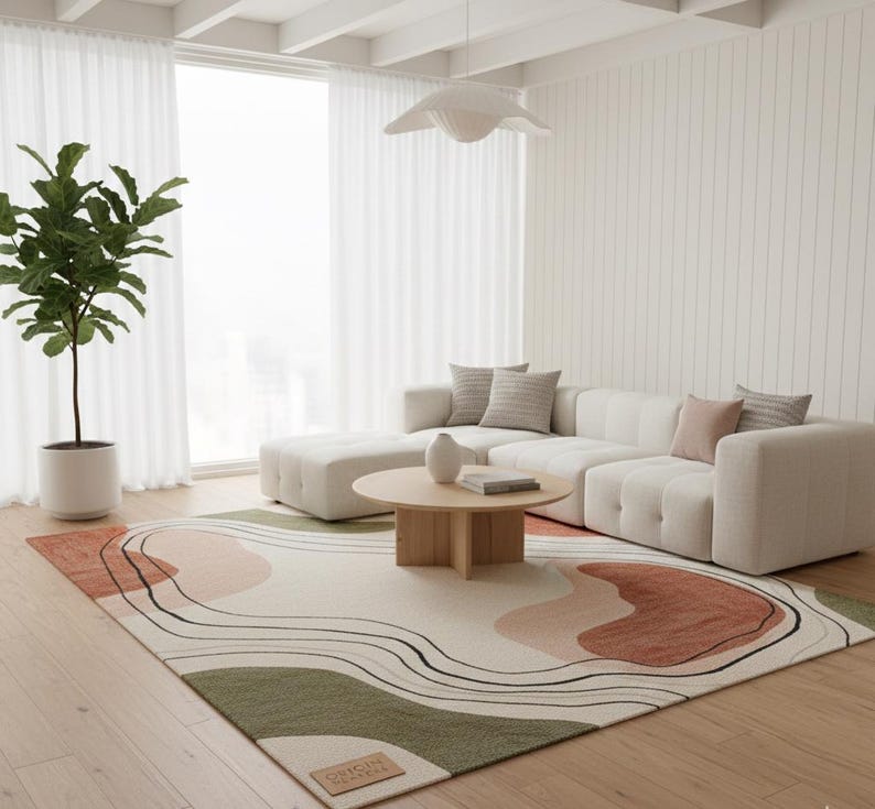 Hand Tufted Wool Rug, Topographic Area Rug, Earth Tone Burnt Sienna ...