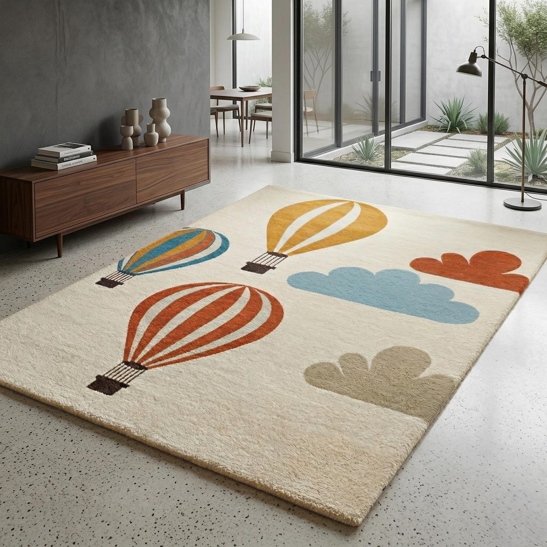Hand Tufted Hot Air Balloon Rug, Whimsical Nursery Decor, Scandi Kids ...