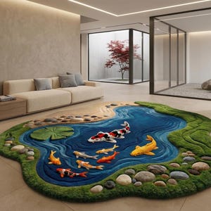 May include: A unique, custom-shaped area rug depicting a koi pond scene. The rug features a blue pond with colorful koi fish, green grass, and stones around the edges. The rug is a decorative element for a living room.