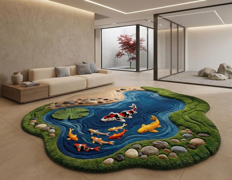 May include: A unique, custom-shaped area rug depicting a koi pond scene. The rug features a blue pond with colorful koi fish, green grass, and stones around the edges. The rug is a decorative element for a living room.