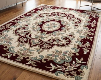 Hand Tufted Wool Rug. 3D Carved Floral Medallion Area Rug, Crimson Red Cream Carpet