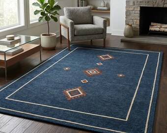 Modern Southwestern Hand-Tufted Rug, Deep Navy & Terracotta Aztec Area Rug, Minimalist Tribal Wool Carpet