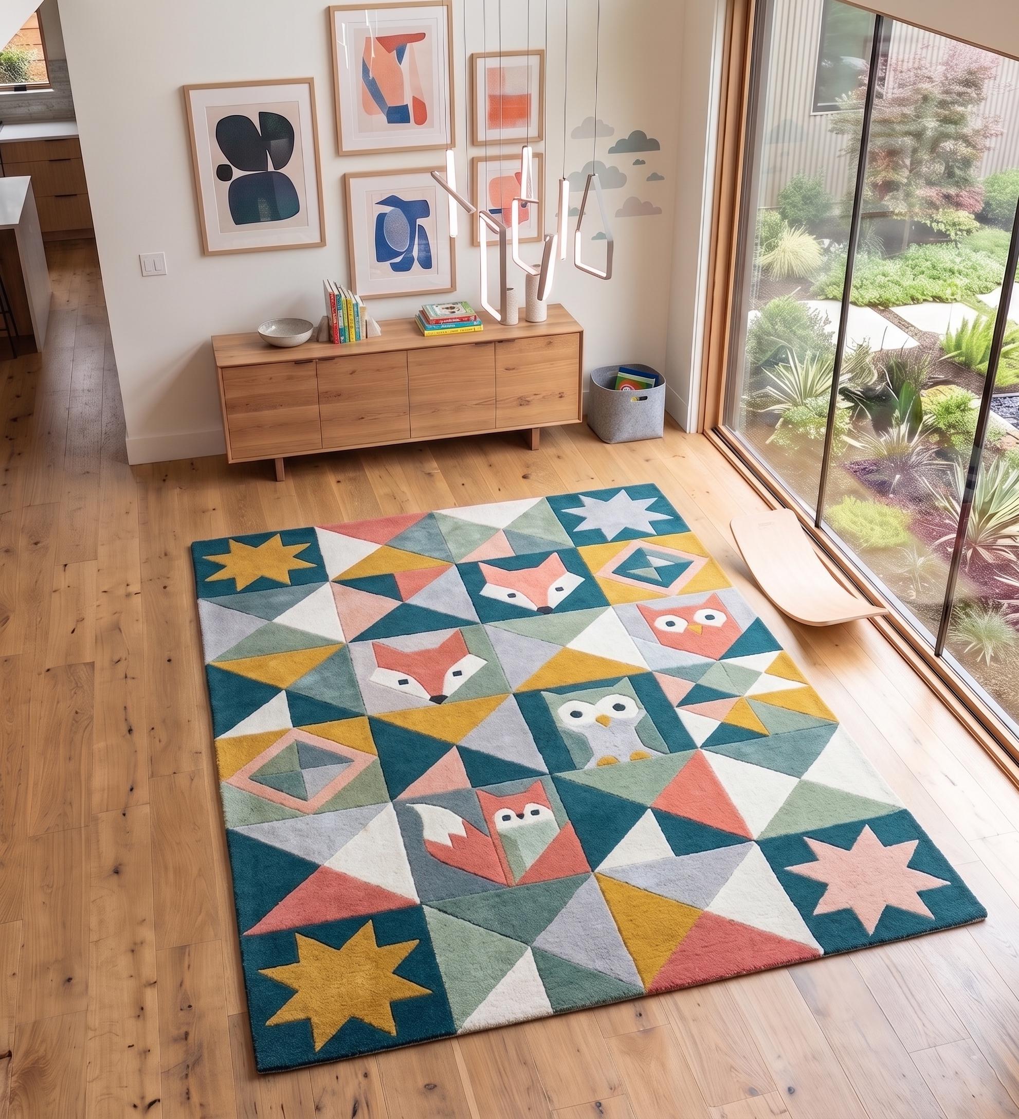 Hand-Tufted Wool Woodland Fox Owl Rug – Geometric Mid-Century Modern Decor