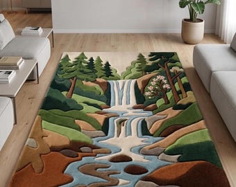 Hand Tufted Waterfall Landscape Rug, Nature Inspired Wool Area Rug, Forest River Scenic Carpet