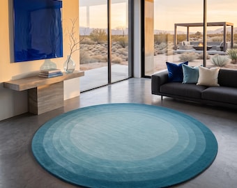 Gradient Horizon Round Hand-Tufted Rug - Concentric Ombre Teal and Blue Circular Area Rug