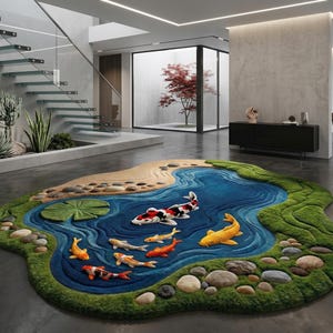 May include: A unique, custom-shaped rug depicting a koi pond scene. The rug features a blue pond with colorful koi fish, green moss-like edges, and a sandy beach area. Decorative stones and lily pads add to the realistic design.