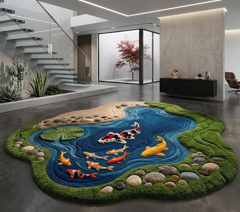 May include: A unique, custom-shaped rug depicting a koi pond scene. The rug features a blue pond with colorful koi fish, green moss-like edges, and a sandy beach area. Decorative stones and lily pads add to the realistic design.